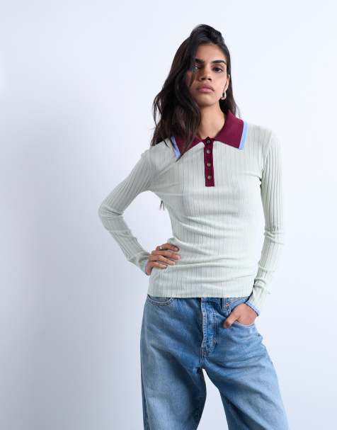 Topshop knitted contrast collar sheer rib polo in mint - view 1