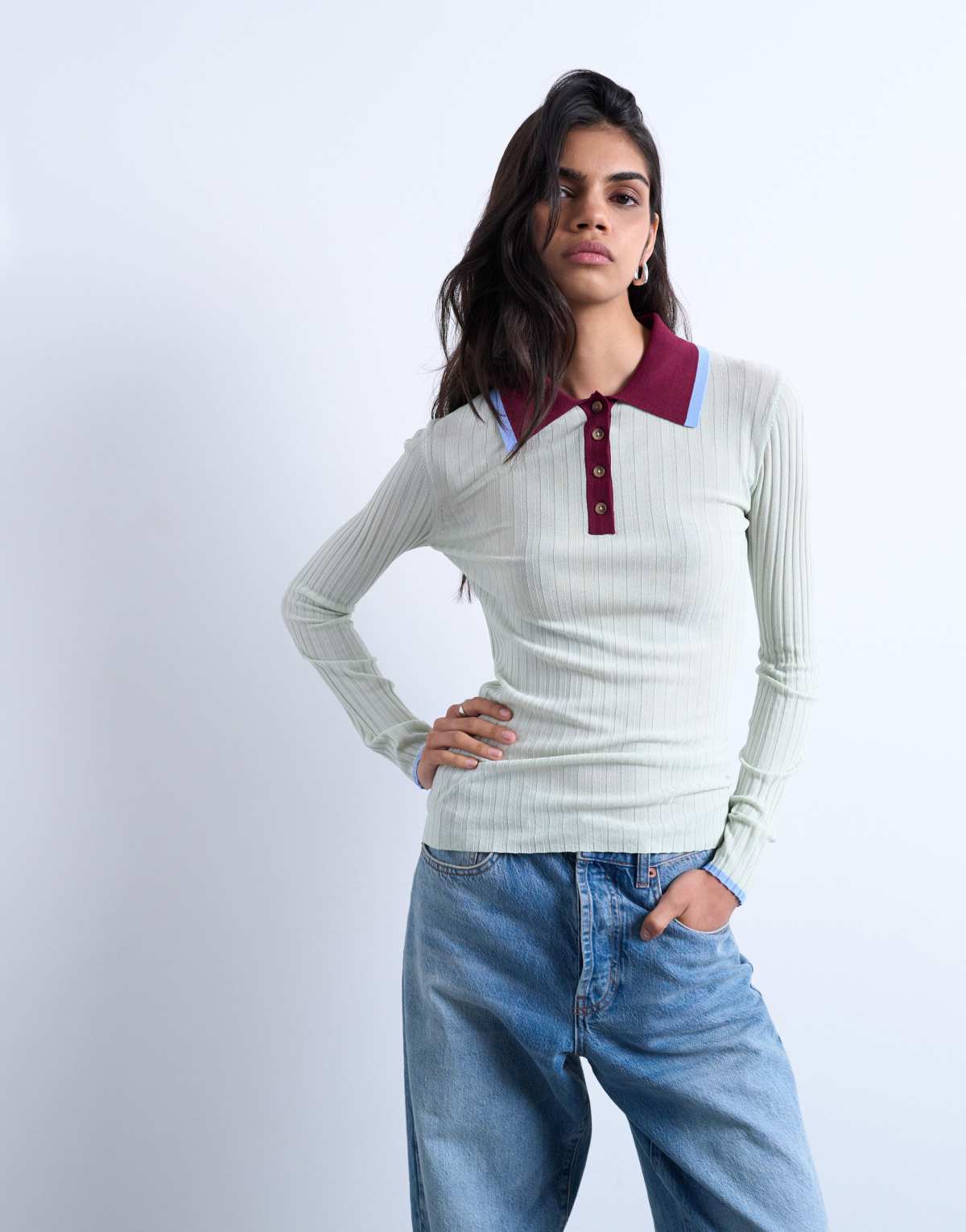 Topshop knitted contrast collar sheer rib polo in mint