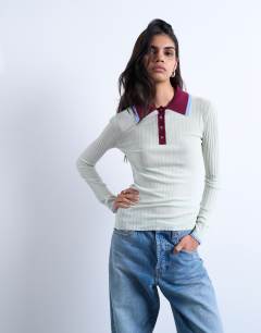 Knitted contrast collar sheer rib polo in mint