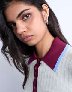 Model wearing Knitted contrast collar sheer rib polo in mint