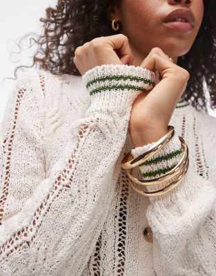 Topshop Knitted Contrast Green Tipping Cable Cardigan In Ivory-white