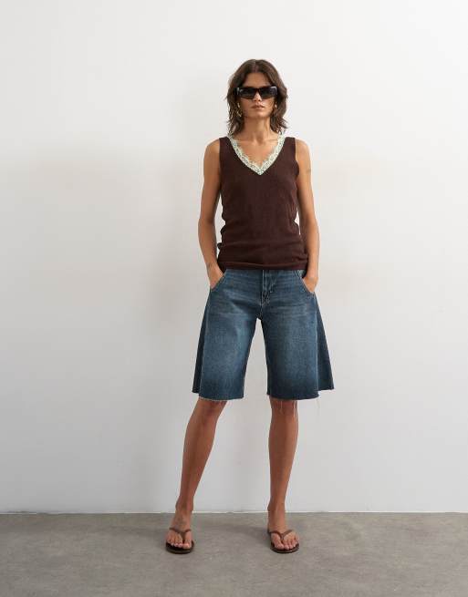 Topshop knitted contrast lace vest in brown with mint contrast lace, 3 of 4