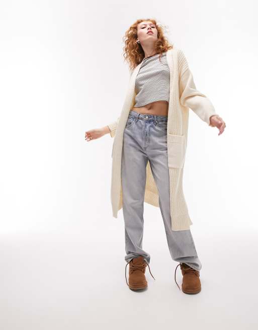 Topshop knitted contrast stitch maxi cardi in cream, 4 of 4