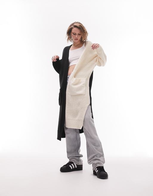 Topshop knitted contrast stitch maxi cardi in stone