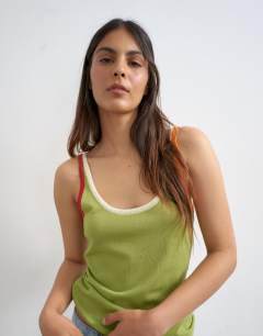 Model wearing Knitted contrast trim sheer vest top in green