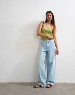 Model wearing Knitted contrast trim sheer vest top in green
