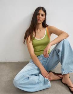 Model wearing Knitted contrast trim sheer vest top in green
