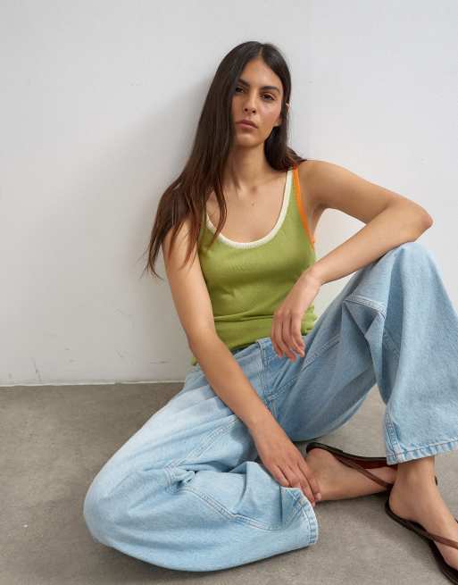 Topshop knitted contrast trim sheer vest top in green, 3 of 4