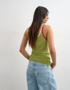 Model wearing Knitted contrast trim sheer vest top in green