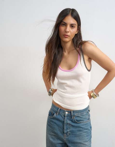Topshop knitted contrast trim sheer vest top in white - view 1