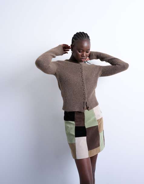 Topshop knitted covered button cardigan in brown - view 1