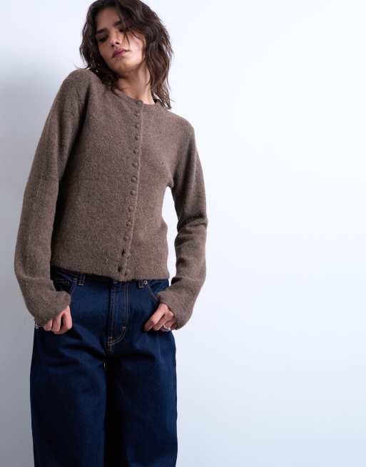 Topshop knitted covered button cardigan in brown, 4 of 4