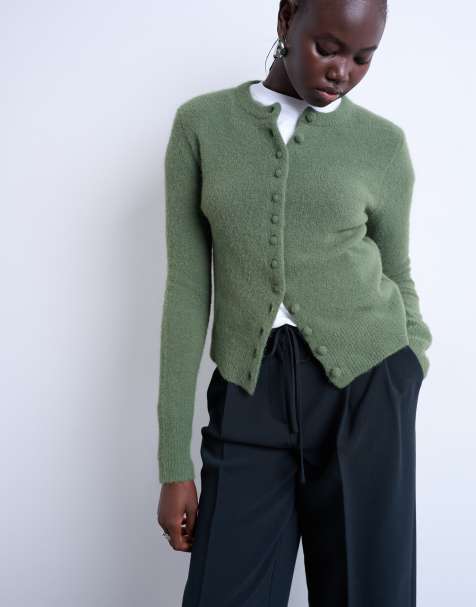 Topshop knitted covered button cardigan in green - view 1