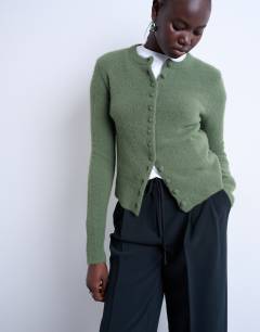 Knitted covered button cardigan in green
