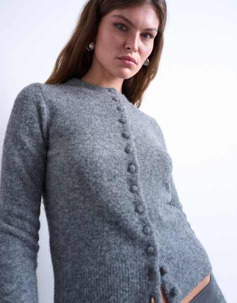 Topshop knitted covered button cardigan in grey - view 1