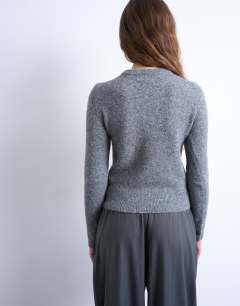 Model wearing Knitted covered button cardigan in grey