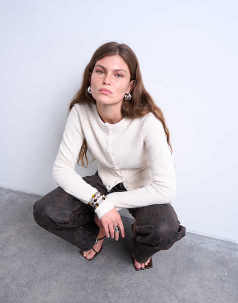 Topshop knitted covered button cardigan in ivory - view 1