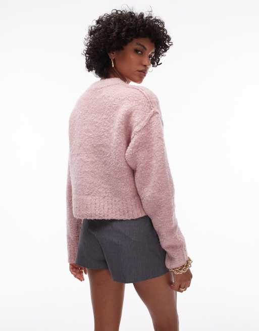 Topshop knit crew neck boucle cardigan in pink