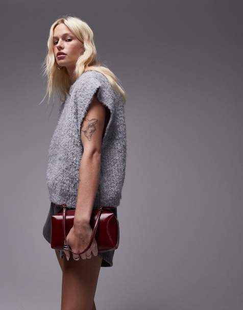 Topshop knitted crew boucle rib off shoulder relaxed singlet in mid grey - view 1