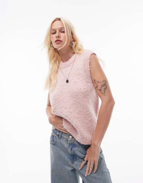 Topshop knitted crew boucle singlet in light pink - view 1