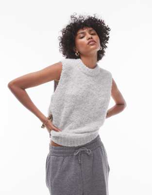 Topshop Knitted Crew Boucle Tank Top In Light Gray