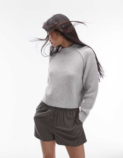 Topshop knitted crew jumper with raglan and exposed seam in light grey - view 1