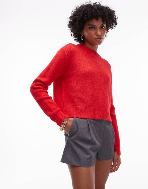 Topshop knitted crew jumper with raglan and exposed seam jumper in red