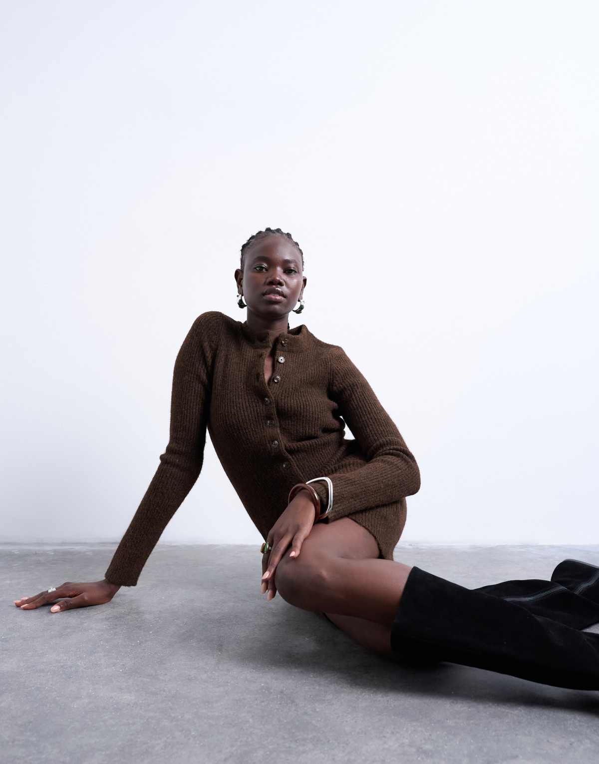 Topshop knitted crew neck button through mini dress in chocolate