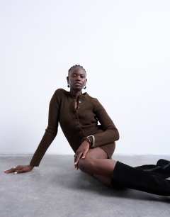 Knitted crew neck button through mini dress in chocolate