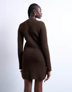 Model wearing Knitted crew neck button through mini dress in chocolate