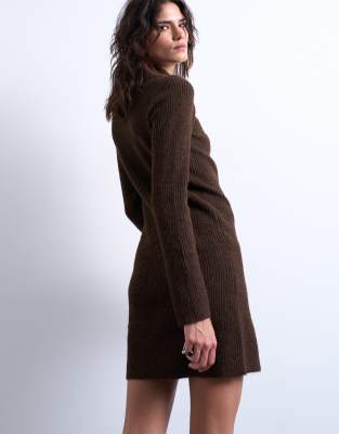 Knitted crew neck button through mini dress in chocolate | Topshop