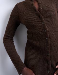 Model wearing Knitted crew neck button through mini dress in chocolate