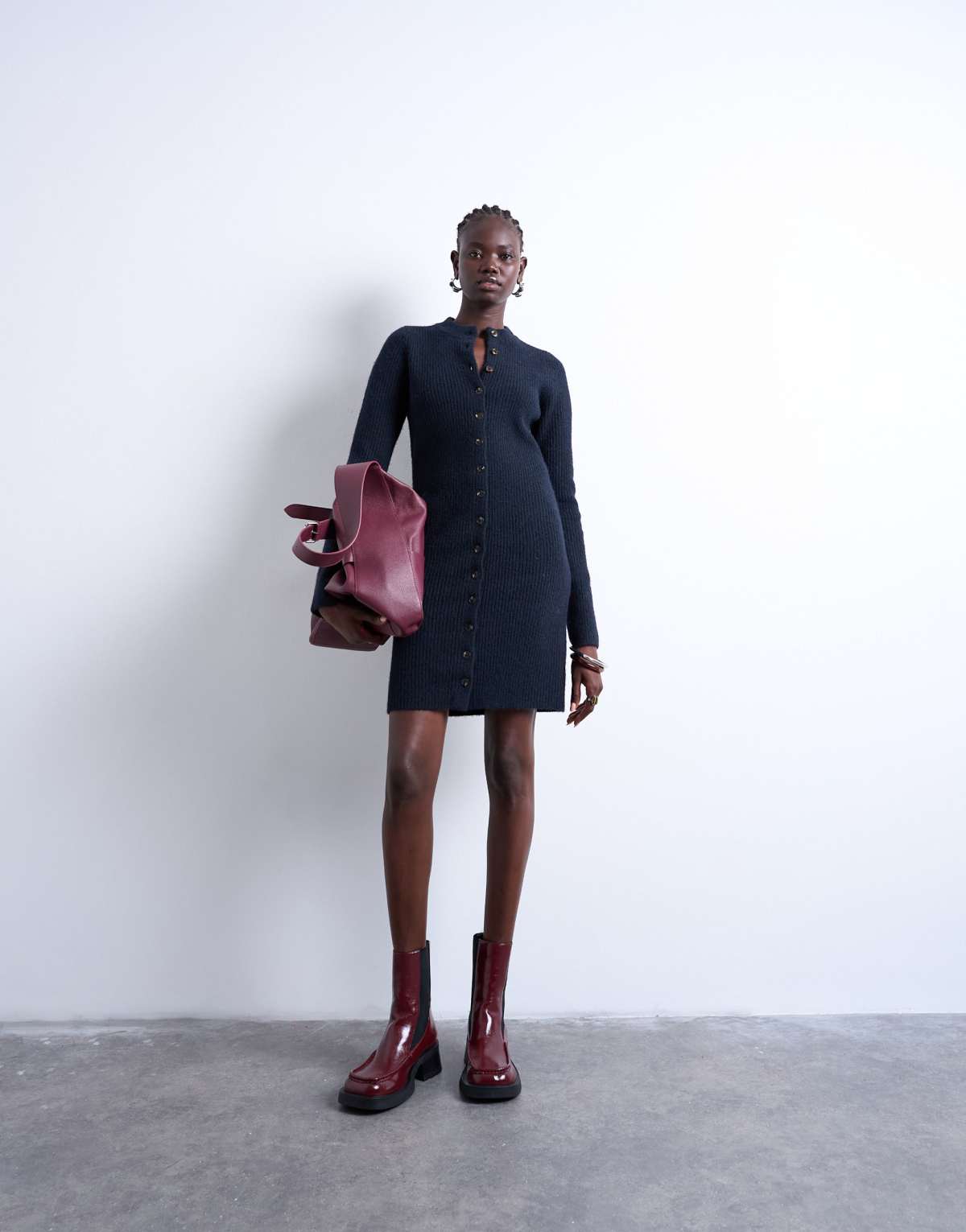 Topshop knitted crew neck button through mini dress in navy