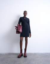 Topshop knitted crew neck button through mini dress in navy
