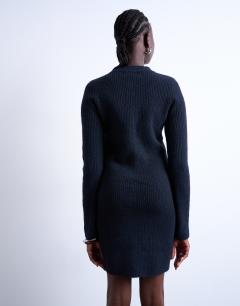 Model wearing Knitted crew neck button through mini dress in navy