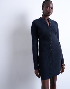 Model wearing Knitted crew neck button through mini dress in navy