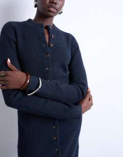 Model wearing Knitted crew neck button through mini dress in navy