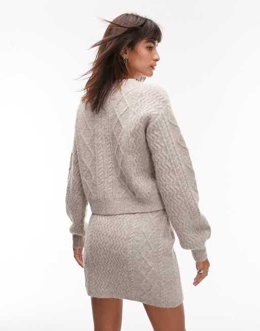 Topshop knitted crew neck cable cardigan in mushroom - part of a set