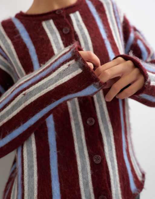 Topshop knitted crew neck cardigan in burgundy stripe, 2 of 4