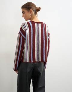 Model wearing Knitted crew neck cardigan in burgundy stripe