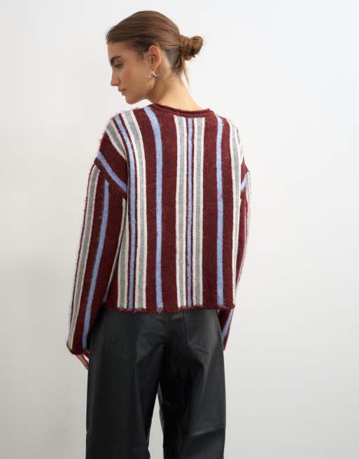 Topshop knitted crew neck cardigan in burgundy stripe, 3 of 4