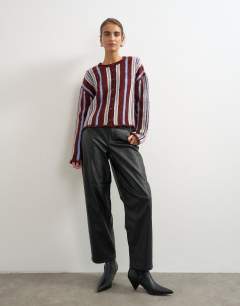 Model wearing Knitted crew neck cardigan in burgundy stripe