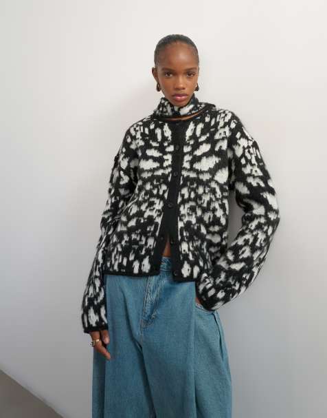 Topshop knitted crew neck cardigan with scarf in mono animal print - view 1