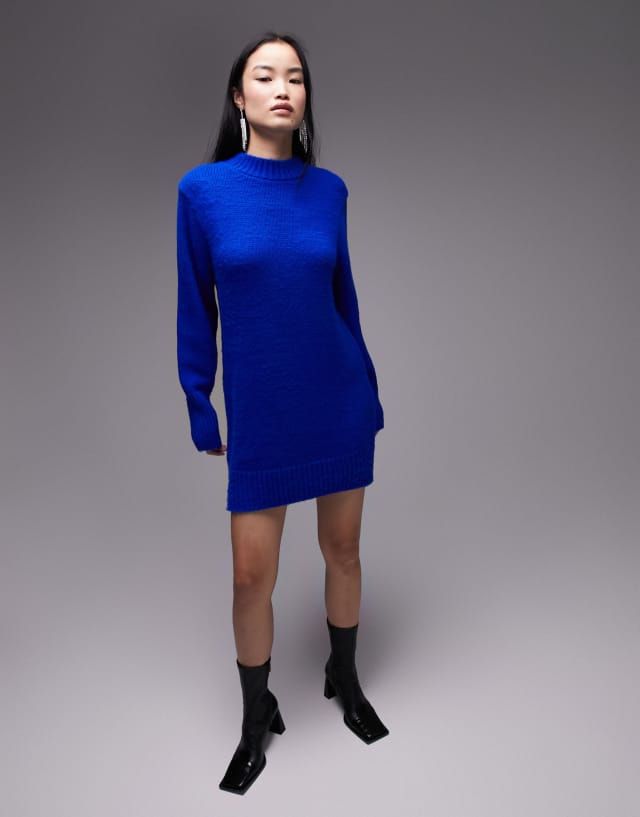 Topshop knitted crew neck dress in cobalt blue