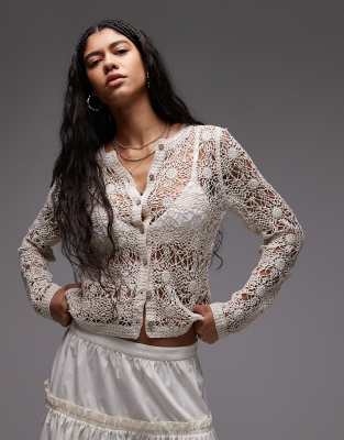 Topshop knitted crew neck flower crochet cardigan in neutral