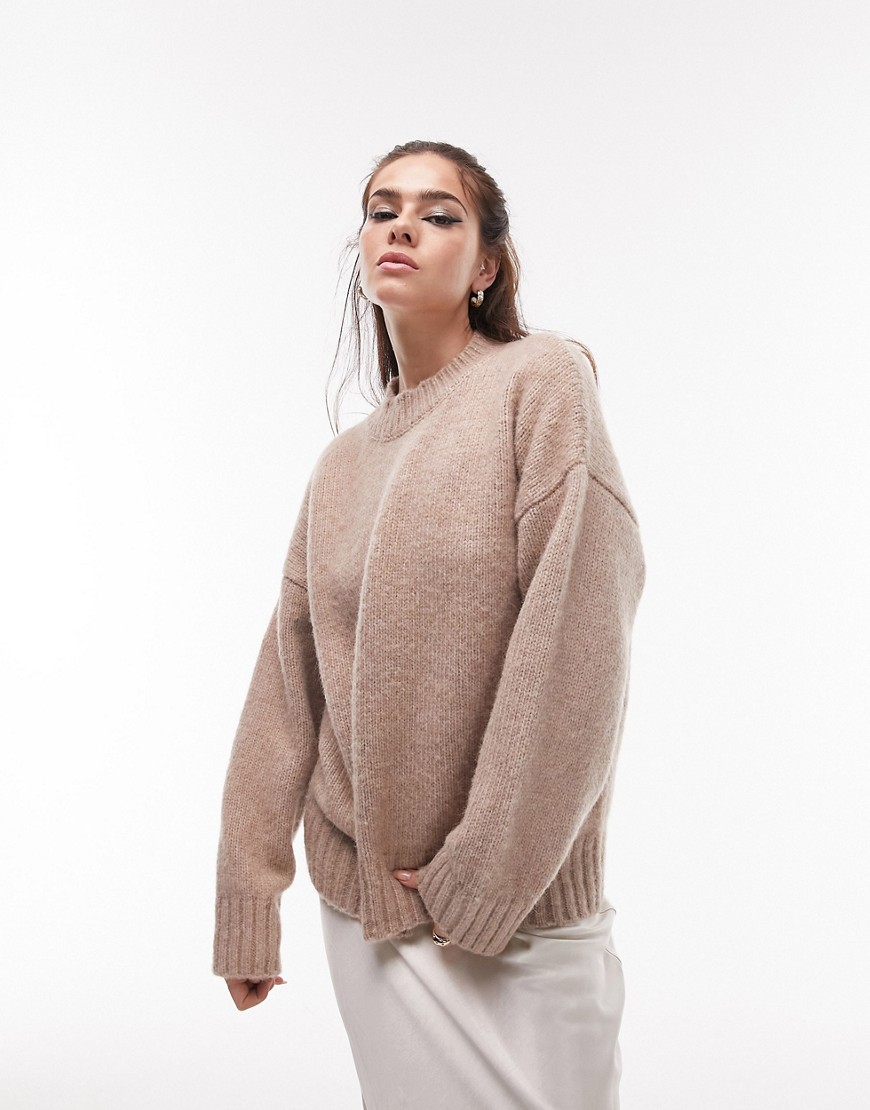 Topshop knitted crew neck jumper in oat-Neutral