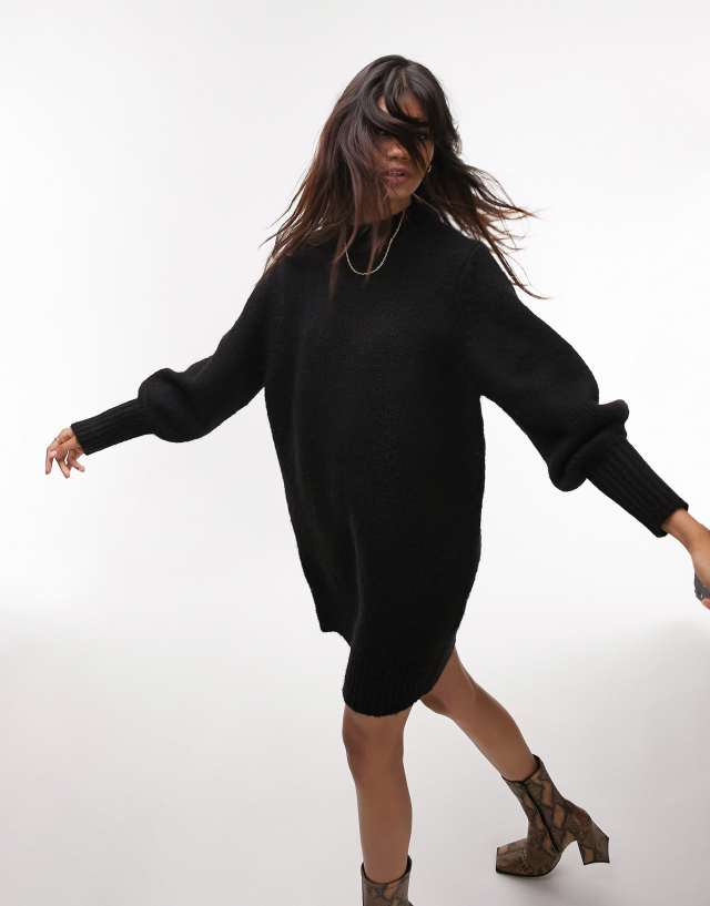 Topshop - knitted crew neck mini dress in black