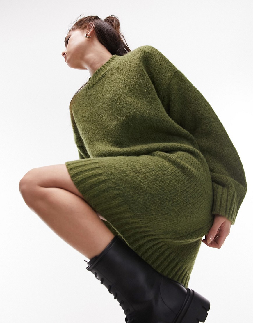 Topshop knitted crew neck mini jumper dress in khaki-Green