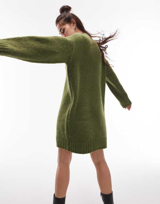 Topshop knitted crew neck mini jumper dress in khaki, 2 of 4