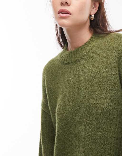 Topshop knitted crew neck mini jumper dress in khaki, 3 of 4